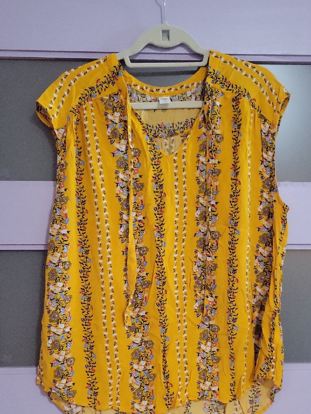 Old Navy Mustard Yellow Floral-Stripe V-Neck Blouse